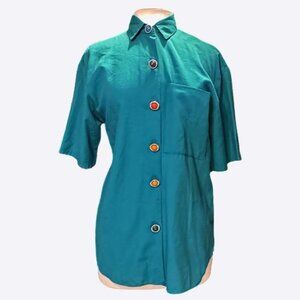 Michele Leslie SM Colorful Buttons Short Sleeve Blue Button Down Blouse Top NEW